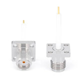 SMA Female Panel Mount Connector | 4 Hole Flange | Hole Spacing 6.35mm | Dielectric Feedthrough | Dielectric Core (2.1mm Dia × 15mm Length) | Round PCB Tail Pin (0.64mm Dia × 3mm Length) | DC-26.5 GHz