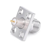 SMA Female Panel Mount Connector | 4 Hole Flange | Hole Spacing 8.64mmX5.64mm | Metal Feedthrough | Metal Core (4mm Dia x 4mm Length) | Round PCB Pin (0.8mm Dia x 2mm Length) | DC -26.5 GHz