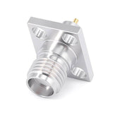 SMA Female Panel Mount Connector | 4 Hole Flange | Hole Spacing 8.64mmX5.64mm | Metal Feedthrough | Metal Core (4mm Dia x 4mm Length) | Round PCB Pin (0.8mm Dia x 2mm Length) | DC -26.5 GHz