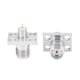 SMA Female Panel Mount Connector | 4 Hole Flange | Hole Spacing 8.64mmX5.64mm | Metal Feedthrough | Metal Core (4mm Dia x 4mm Length) | Round PCB Pin (0.8mm Dia x 2mm Length) | DC -26.5 GHz