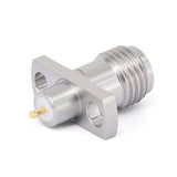 SMA Female Panel Mount Connector | 2Hole Flange | Hole Spacing 8.9mm | Metal Feedthrough | Metal Core (4mm Dia x 4mm Length) | Round PCB Pin (0.8mm Dia x 2mm Length) | DC -26.5 GHz