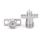 SMA Female Panel Mount Connector | 2Hole Flange | Hole Spacing 8.9mm | Metal Feedthrough | Metal Core (4mm Dia x 4mm Length) | Round PCB Pin (0.8mm Dia x 2mm Length) | DC -26.5 GHz