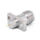 SMA Female Panel Mount Connector | 2Hole Flange | Hole Spacing 8.9mm | Metal Feedthrough | Metal Core (4mm Dia x 3mm Length) | Round PCB Pin (0.38mm Dia x 2mm Length) | DC -26.5 GHz