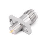 SMA Female Panel Mount Connector | 2 Hole Flange | Hole Spacing 8.9mm | Metal Feedthrough | Metal Core (4mm Dia x 4mm Length) | Flat PCB Pin (0.8mm Dia x 1.5mm Length 0.2mm Thickness) | Horizontal Mount | DC -26.5 GHz