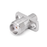 SMA Female Panel Mount Connector | 2 Hole Flange | Hole Spacing 8.9mm | Metal Feedthrough | Metal Core (4mm Dia x 4mm Length) | Flat PCB Pin (0.8mm Dia x 1.5mm Length 0.2mm Thickness) | Horizontal Mount | DC -26.5 GHz