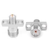 SMA Female Panel Mount Connector | 2 Hole Flange | Hole Spacing 8.9mm | Metal Feedthrough | Metal Core (4mm Dia x 4mm Length) | Flat PCB Pin (0.8mm Dia x 1.5mm Length 0.2mm Thickness) | Horizontal Mount | DC -26.5 GHz