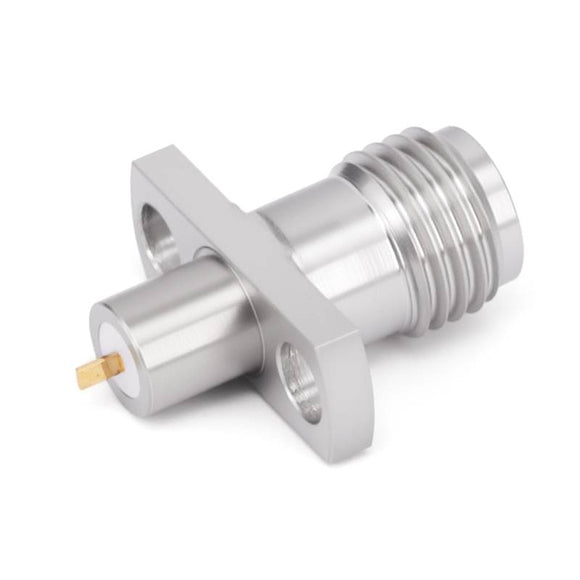 SMA Female Panel Mount Connector | 2 Hole Flange | Hole Spacing 8.9mm | Metal Feedthrough | Metal Core (4mm Dia x 4mm Length) | Flat PCB Pin (0.8mm Dia x 1.5mm Length 0.2mm Thickness) | Vertical Mount | DC -26.5 GHz