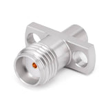 SMA Female Panel Mount Connector | 2 Hole Flange | Hole Spacing 8.9mm | Metal Feedthrough | Metal Core (4mm Dia x 4mm Length) | Flat PCB Pin (0.8mm Dia x 1.5mm Length 0.2mm Thickness) | Vertical Mount | DC -26.5 GHz
