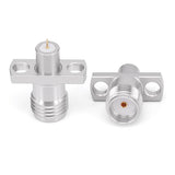 SMA Female Panel Mount Connector | 2 Hole Flange | Hole Spacing 8.9mm | Metal Feedthrough | Metal Core (4mm Dia x 4mm Length) | Flat PCB Pin (0.8mm Dia x 1.5mm Length 0.2mm Thickness) | Vertical Mount | DC -26.5 GHz